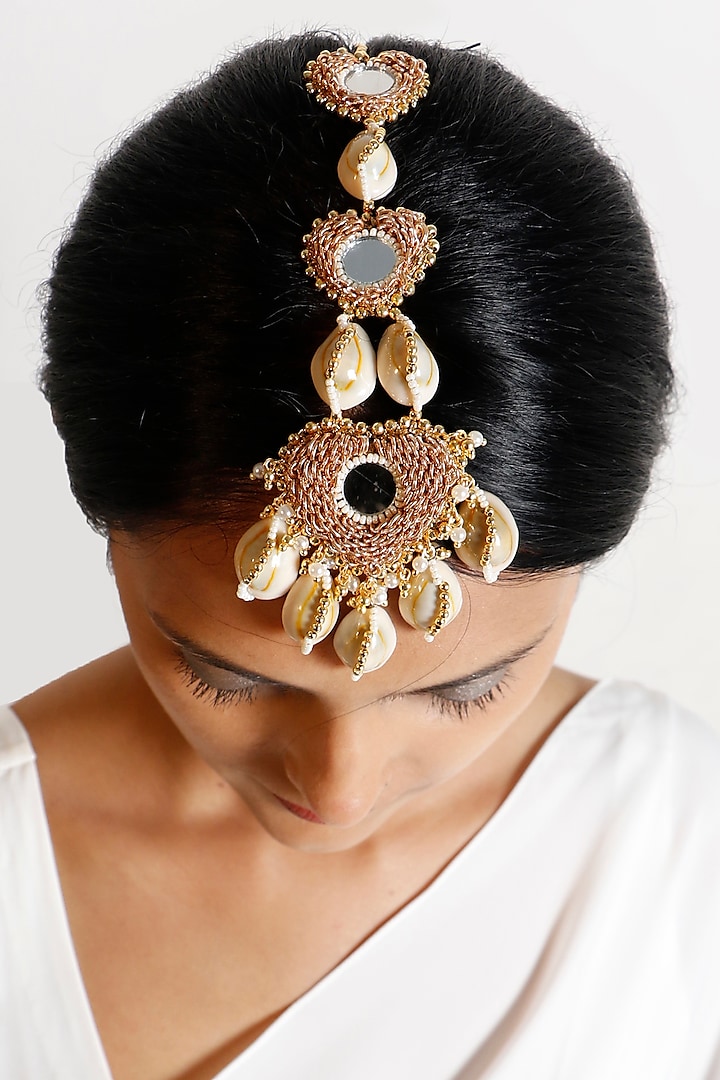 Gold Plated Mirror & Pearl Maang Tikka by Vaidaan Jewellery at Pernia's Pop Up Shop