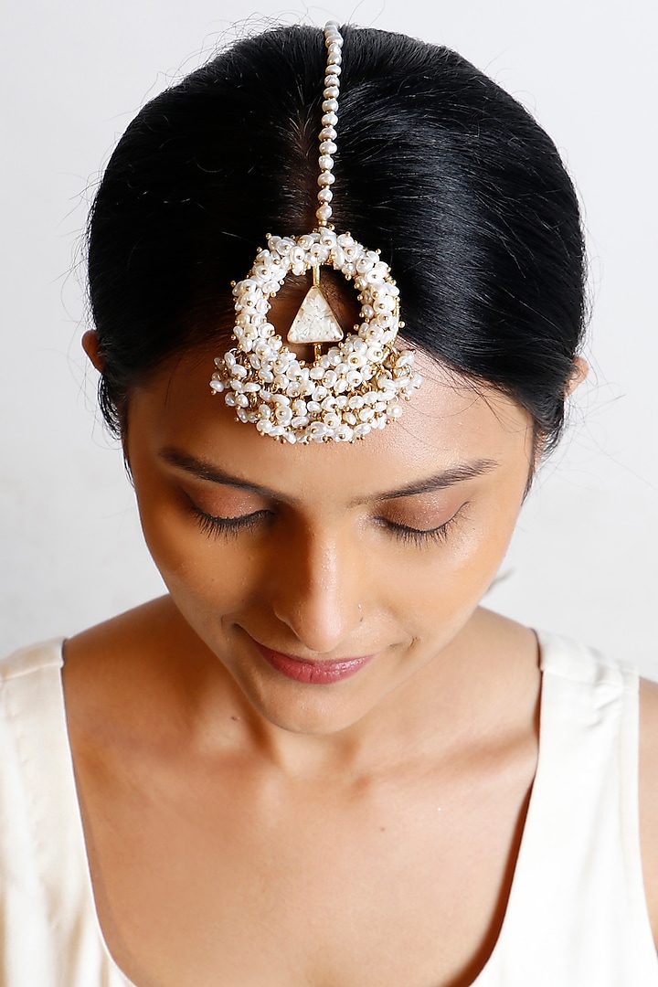 Gold Plated Pearl Enameled Maang Tikka by Vaidaan Jewellery at Pernia's Pop Up Shop