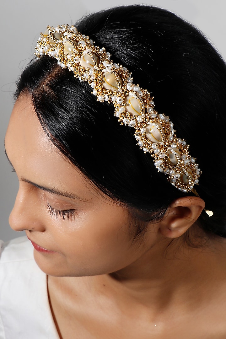 Gold Plated Pearl & Shell Hair Band by Vaidaan Jewellery at Pernia's Pop Up Shop