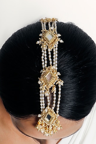 Gold Plated Mirror & Pearl Maang Tikka by Vaidaan Jewellery