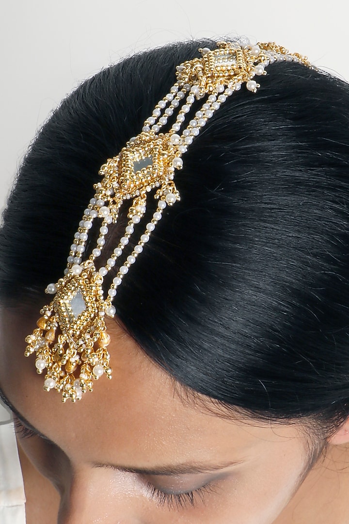 Gold Plated Mirror & Pearl Maang Tikka by Vaidaan Jewellery at Pernia's Pop Up Shop