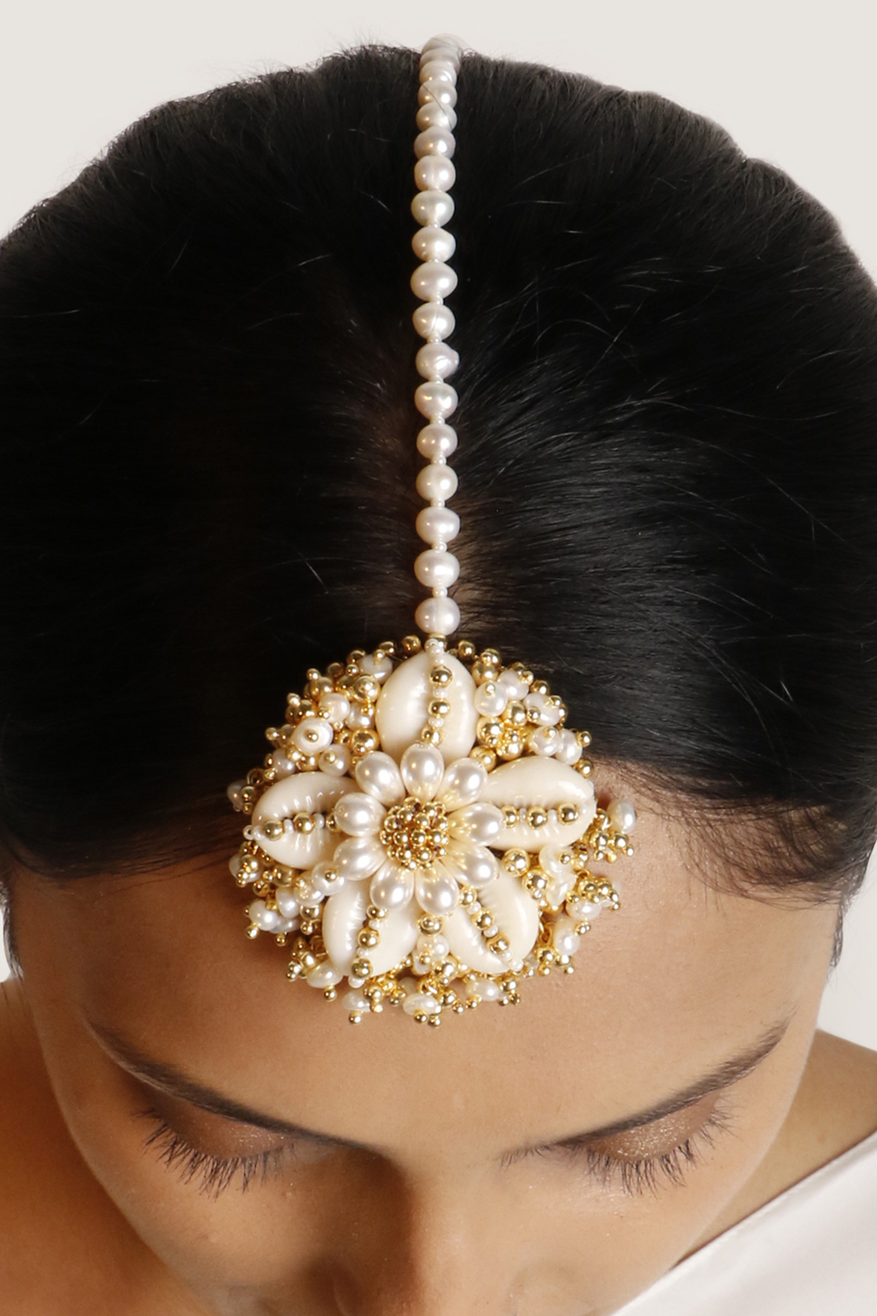 Gold Plated Pearl Shell Maang Tikka by Vaidaan Jewellery at Pernia s Pop Up Shop