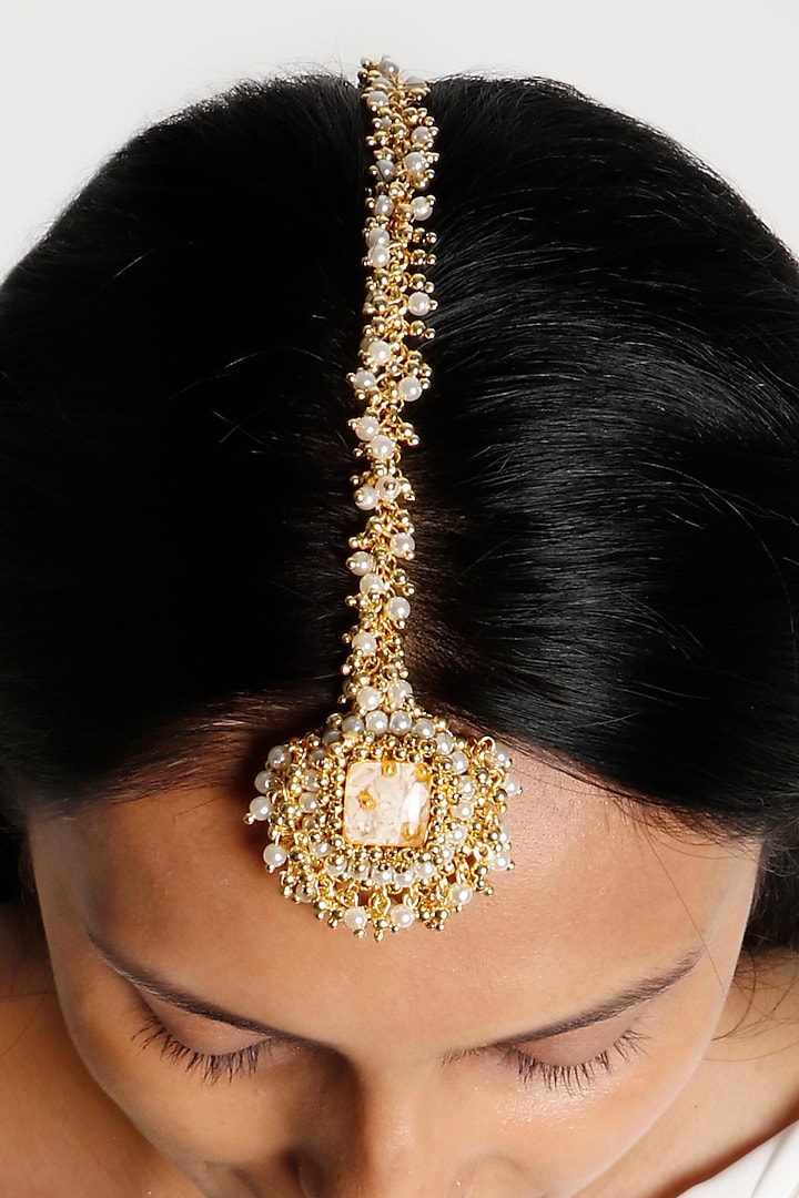 Gold Plated Pearl Maang Tikka by Vaidaan Jewellery at Pernia's Pop Up Shop