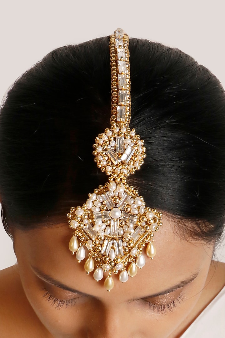 Gold Plated Pearl & Shell Maang Tikka by Vaidaan Jewellery at Pernia's Pop Up Shop