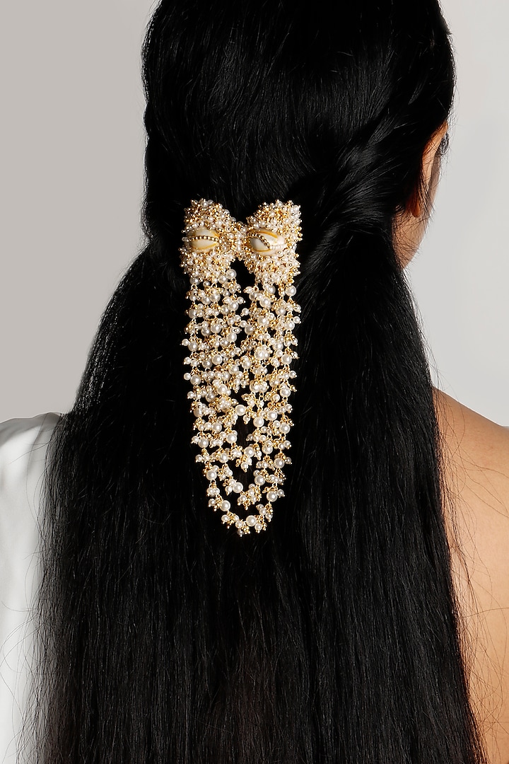 Gold Plated Pearl & Shell Hair Accessory by Vaidaan Jewellery