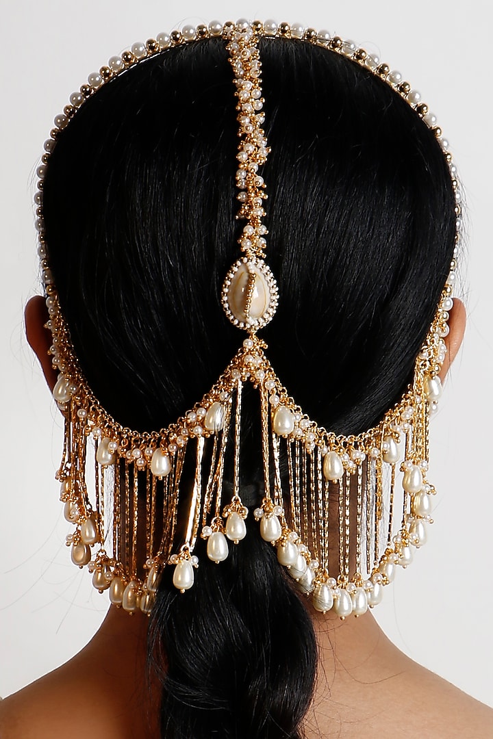 Gold Plated Pearl & Shell Hair Band by Vaidaan Jewellery at Pernia's Pop Up Shop