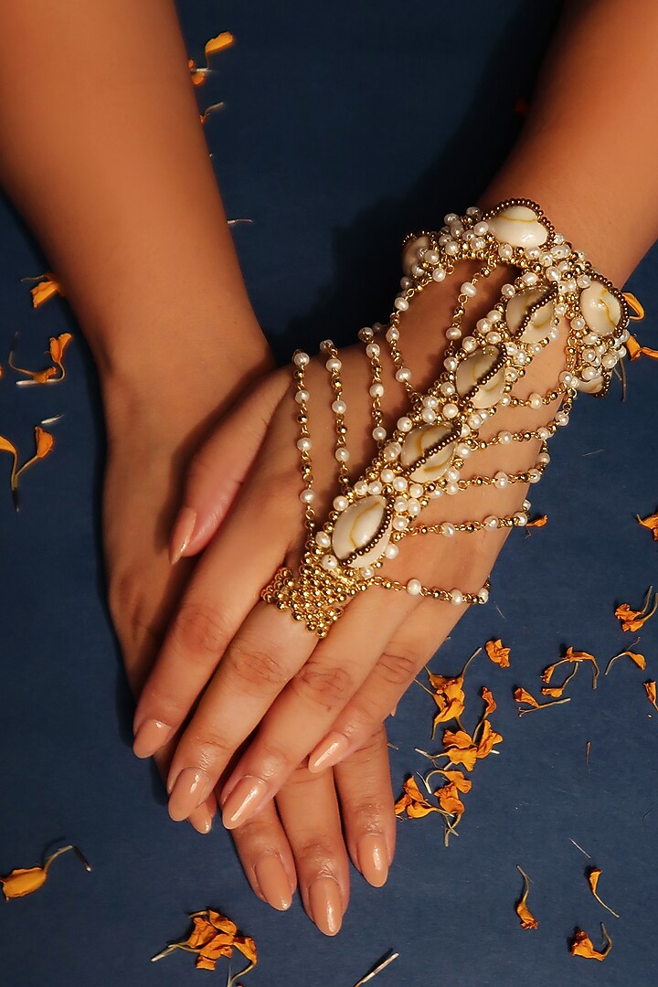 Gold Plated Shell & Pearl Bracelet by Vaidaan Jewellery at Pernia's Pop Up Shop