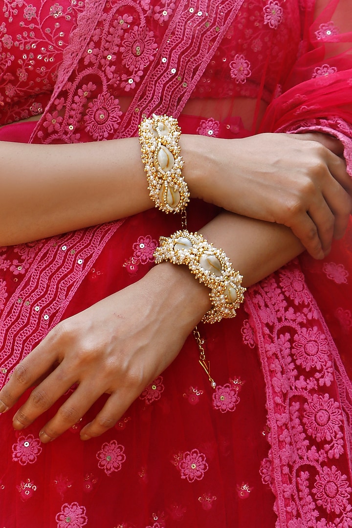 Gold Plated Shell & Pearl Bracelet by Vaidaan Jewellery at Pernia's Pop Up Shop
