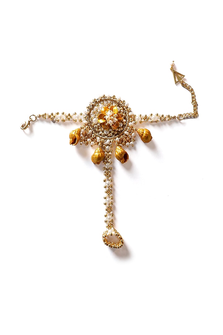 Gold Plated Shell & Pearl Haathphool by Vaidaan Jewellery at Pernia's Pop Up Shop