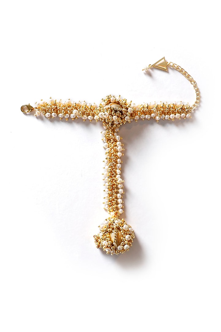 Gold Plated Shell & Pearl Haathphool by Vaidaan Jewellery at Pernia's Pop Up Shop