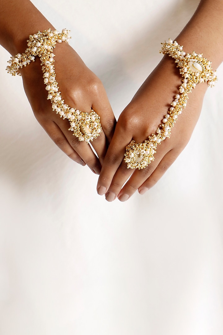 Gold Plated Shell & Pearl Haathphool by Vaidaan Jewellery at Pernia's Pop Up Shop