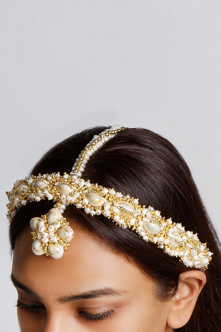 Gold Plated Hand Embroidered Pearl Matha Patti by Vaidaan Jewellery at Pernia's Pop Up Shop