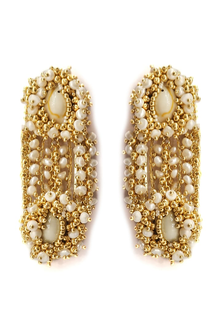 Gold Plated Hand Embroidered Pearl Earrings by Vaidaan Jewellery at Pernia's Pop Up Shop