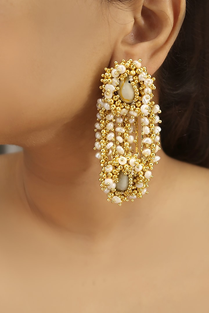 Gold Plated Hand Embroidered Pearl Earrings by Vaidaan Jewellery
