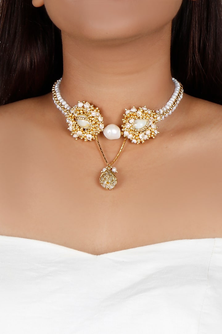 Gold Plated Pearl Choker Necklace by Vaidaan Jewellery