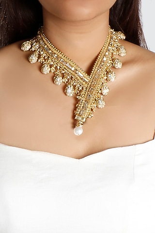 Gold Plated Pearl & Beads Choker Necklace by Vaidaan Jewellery