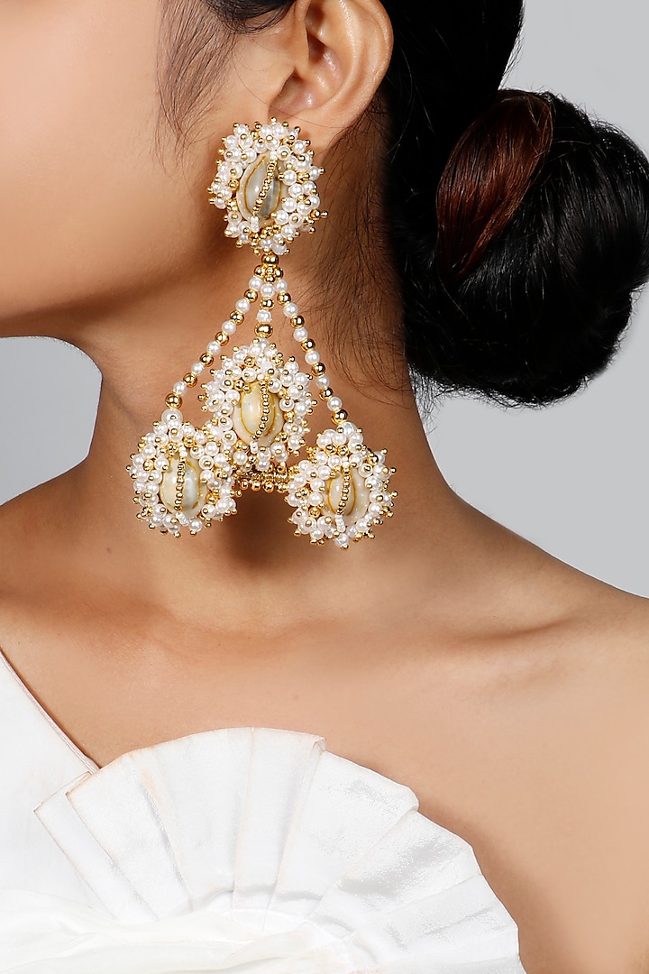 Gold Plated Shells & Pearls Earrings by Vaidaan Jewellery