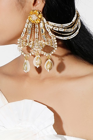 Gold Plated Zircon & Pearls Chandbali Earrings by Vaidaan Jewellery