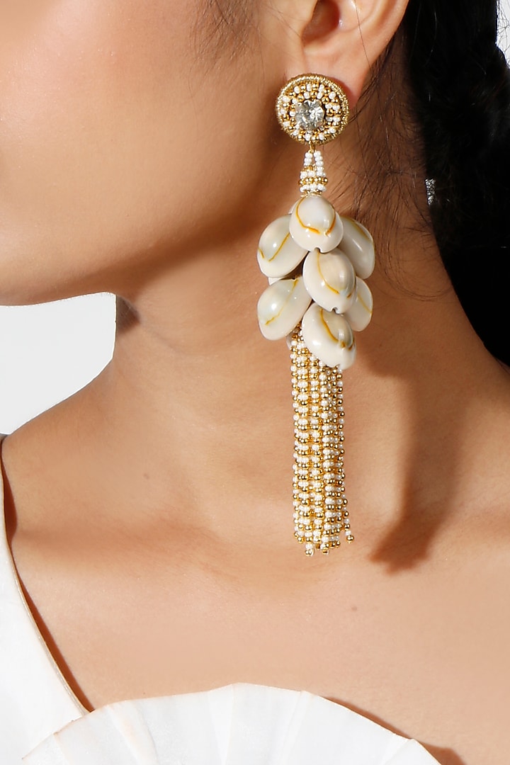Gold Plated Zircons & Shells Earrings by Vaidaan Jewellery