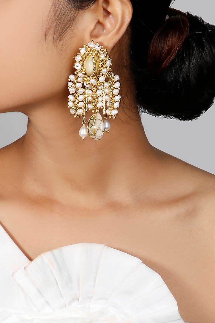 Gold Plated Beads & Pearls Earrings by Vaidaan Jewellery