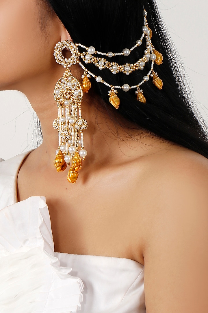 Gold Plated Zircons & Shells Dangler Earrings by Vaidaan Jewellery