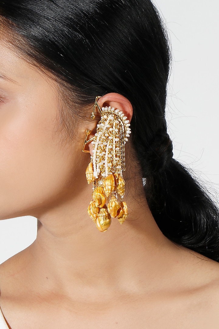 Gold Plated Pearl & Shell Earrings by Vaidaan Jewellery