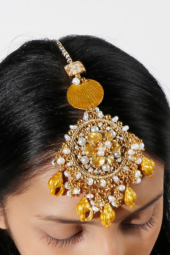 Gold Plated Shells Chandbali Maang Tikka by Vaidaan Jewellery