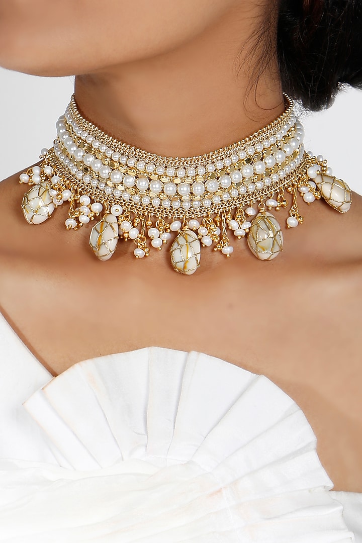 Gold Plated Pearls & Beads Choker Necklace by Vaidaan Jewellery at Pernia's Pop Up Shop
