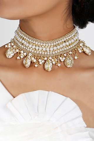 Gold Plated Pearls & Beads Choker Necklace by Vaidaan Jewellery