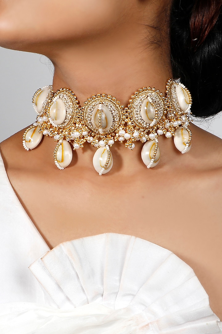 Gold Plated Shell & Pearls Choker Necklace by Vaidaan Jewellery