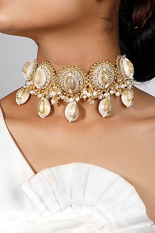 Gold Plated Shell & Pearls Choker Necklace by Vaidaan Jewellery