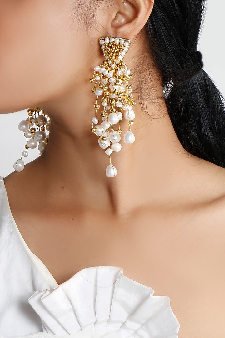 Gold Finish Pearl Earrings by Vaidaan Jewellery at Pernia's Pop Up Shop