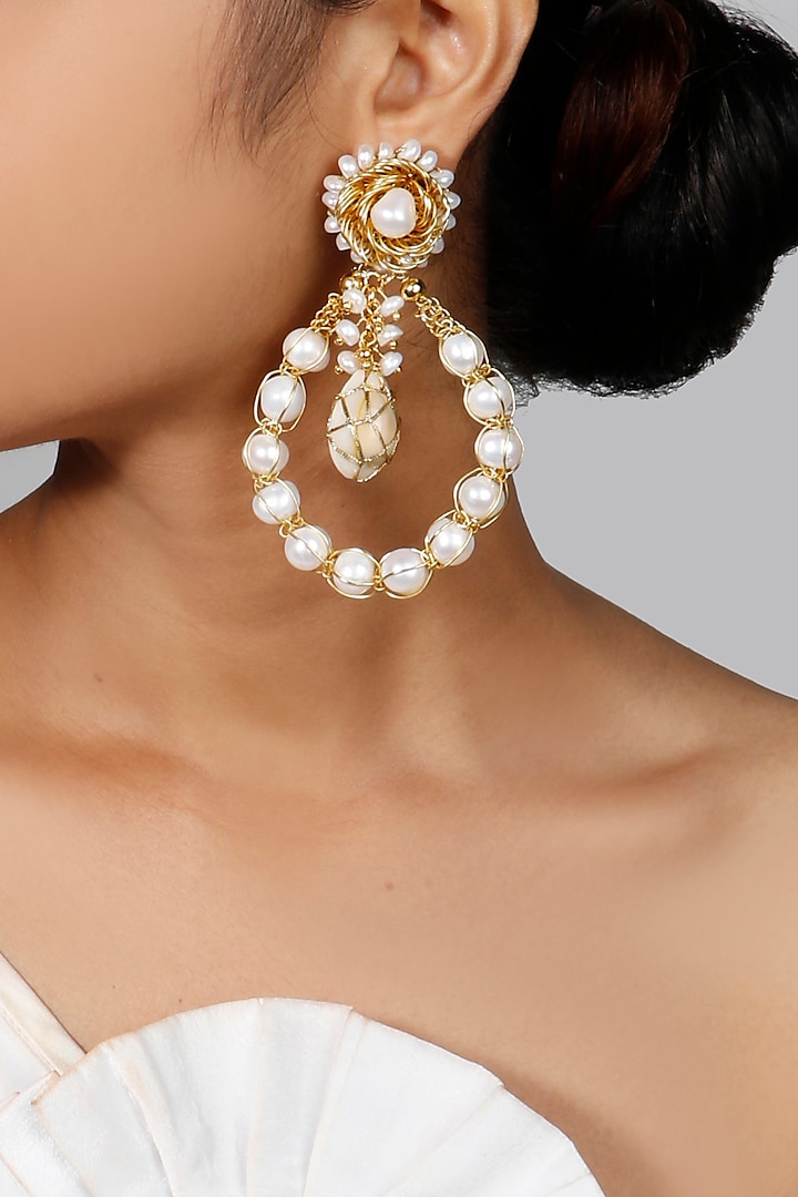 Gold Finish Pearl & Beads Earrings by Vaidaan Jewellery