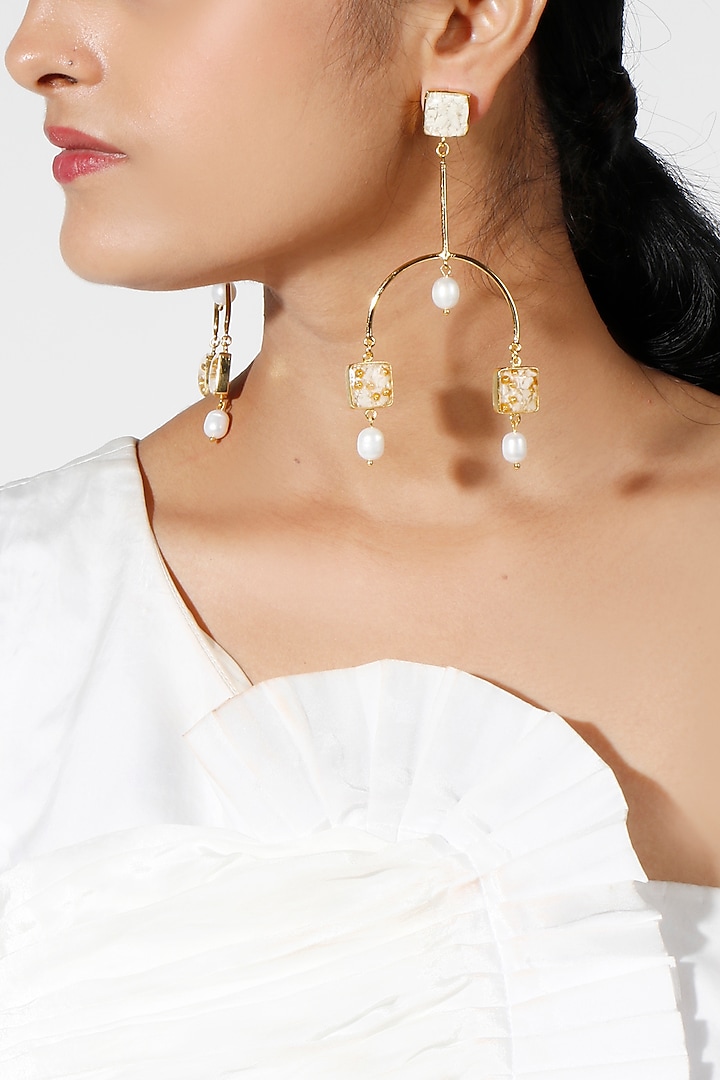 Gold Finish Pearl Dangler Earrings by Vaidaan Jewellery