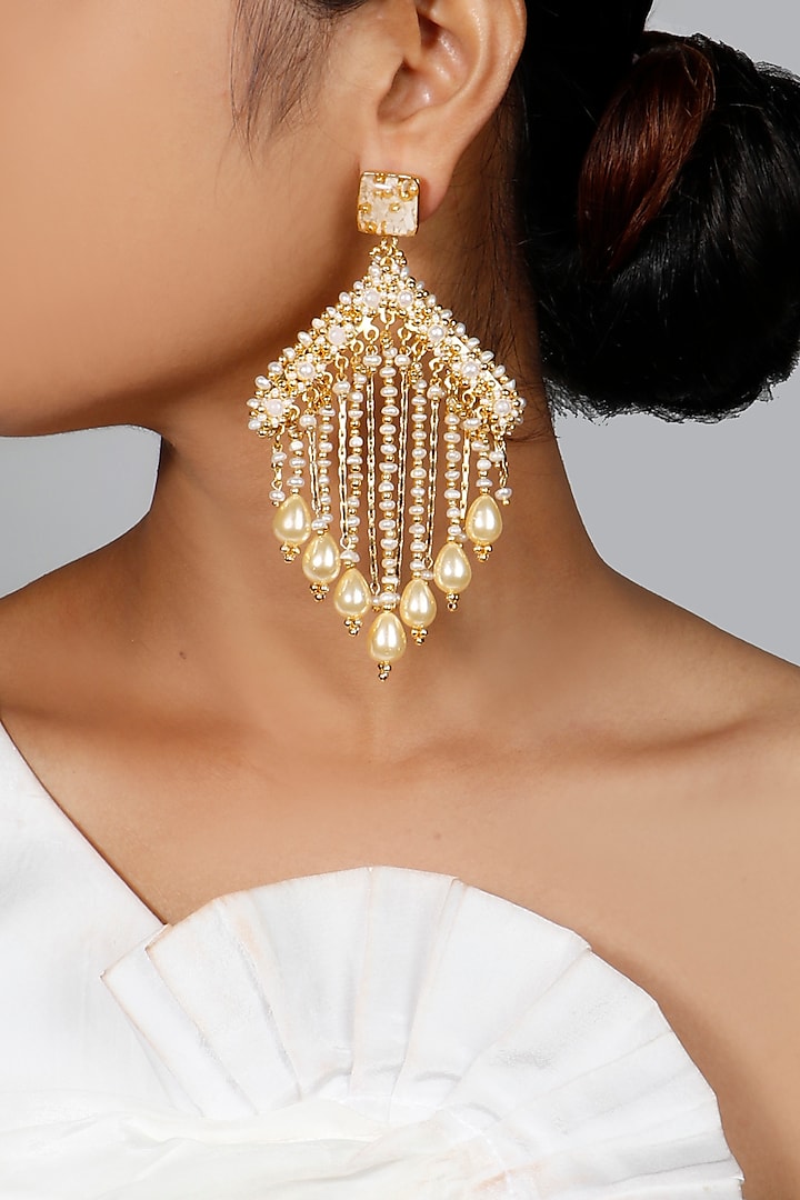 Gold Plated Pearls Dangler Earrings by Vaidaan Jewellery