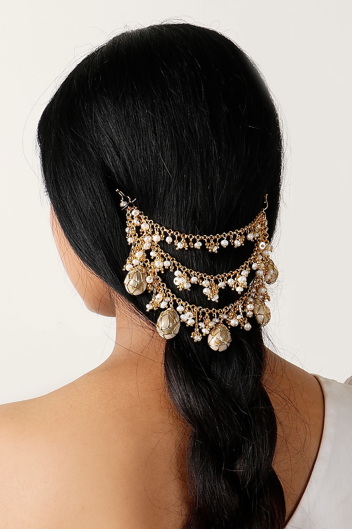 Gold Plated Shells & Pearls Hair Accessory by Vaidaan Jewellery