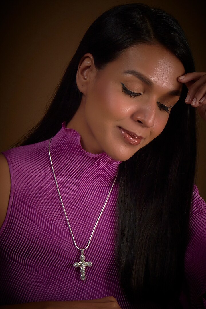 White Finish Zircon Cross Pendant Chain Necklace In Sterling Silver by V&A Jewellers at Pernia's Pop Up Shop