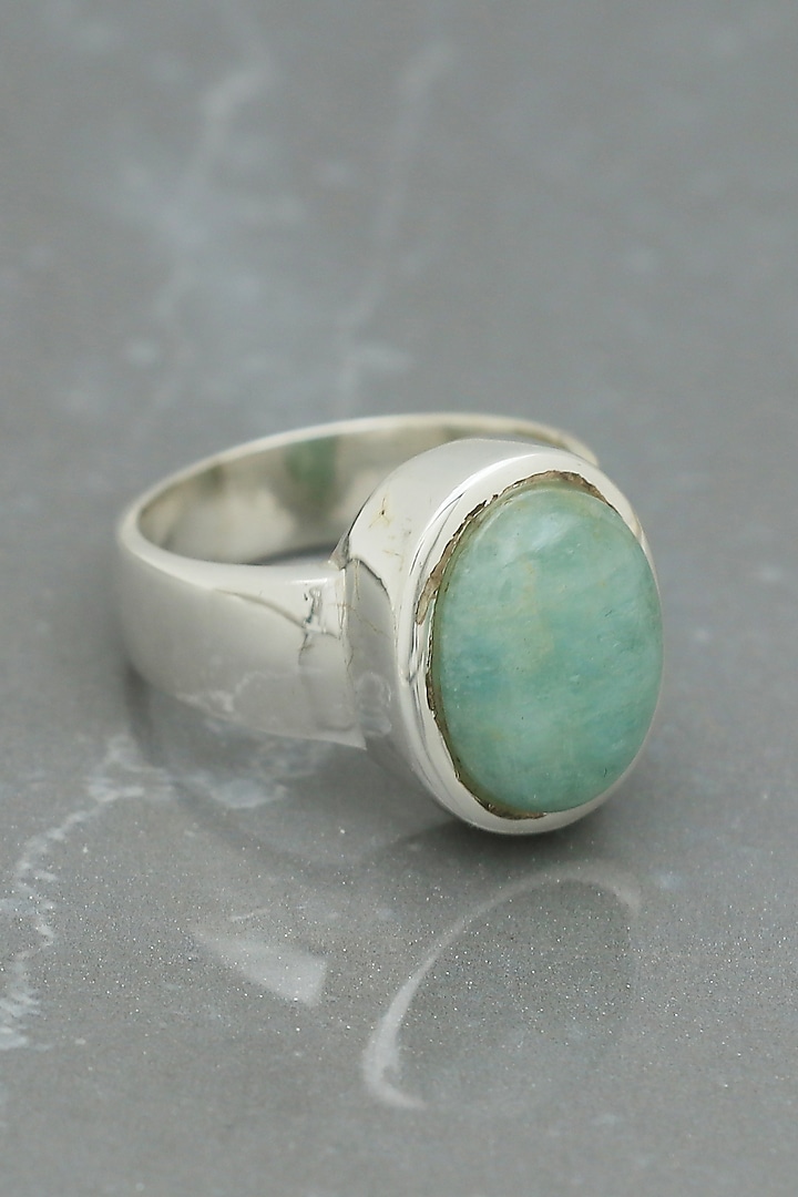 White Finish Aquamarine Oval Ring In Sterling Silver by V&A Jewellers at Pernia's Pop Up Shop