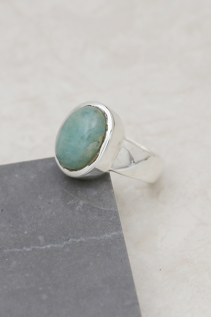 White Finish Aquamarine Oval Ring In Sterling Silver by V&A Jewellers at Pernia's Pop Up Shop