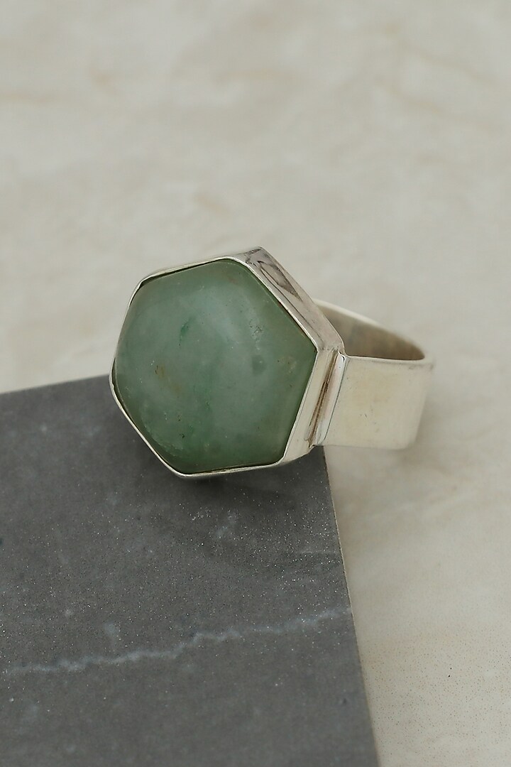 White Finish Aquamarine Hexagonal Ring In Sterling Silver by V&A Jewellers at Pernia's Pop Up Shop