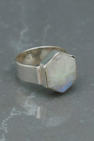 White Finish Moonstone Hexagonal Ring In Sterling Silver by V&A Jewellers