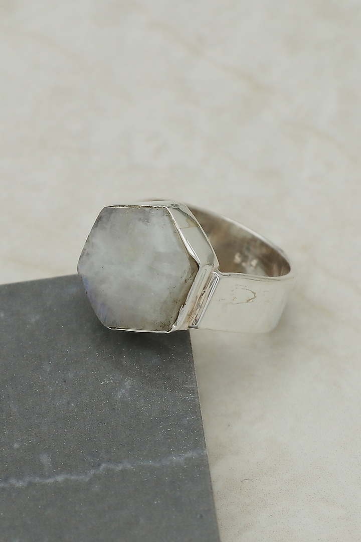 White Finish Moonstone Hexagonal Ring In Sterling Silver by V&A Jewellers at Pernia's Pop Up Shop