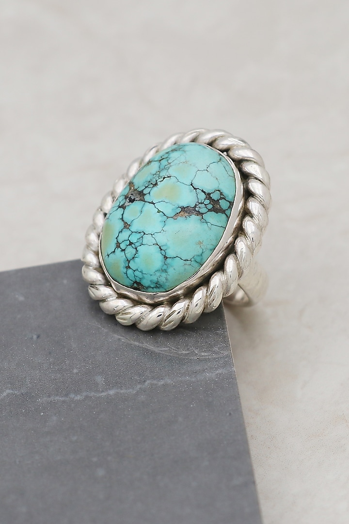 White Finish Turquoise Stone Rope Ring In Sterling Silver by V&A Jewellers at Pernia's Pop Up Shop