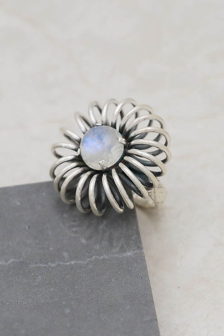 White Finish Moonstone Sunflower Ring In Sterling Silver by V&A Jewellers at Pernia's Pop Up Shop