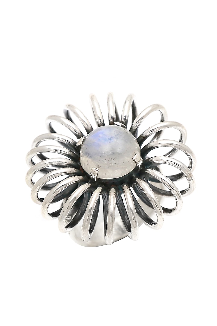 White Finish Moonstone Sunflower Ring In Sterling Silver by V&A Jewellers at Pernia's Pop Up Shop