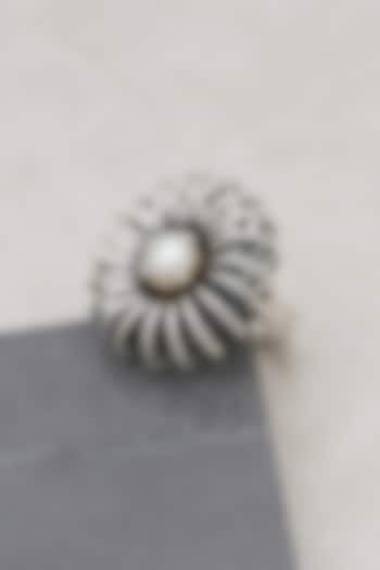 White Finish Pearl Sunflower Ring In Sterling Silver by V&A Jewellers at Pernia's Pop Up Shop