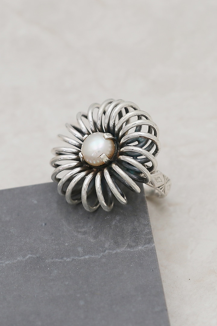 White Finish Pearl Sunflower Ring In Sterling Silver by V&A Jewellers at Pernia's Pop Up Shop