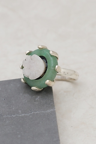 White Finish Aquamarine & Crystal Stone Earth Ring In Sterling Silver by V&A Jewellers