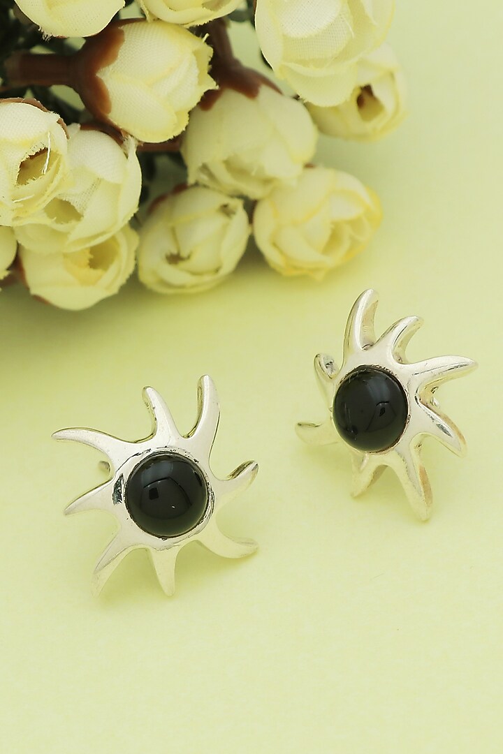 White Finish Black Onyx Sun Stud Earrings In Sterling Silver by V&A Jewellers at Pernia's Pop Up Shop