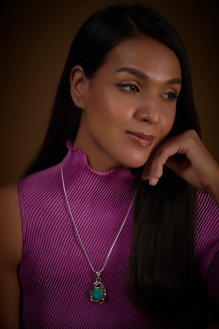 White Finish Turquoise Stone Pendant Chain Necklace In Sterling Silver by V&A Jewellers at Pernia's Pop Up Shop